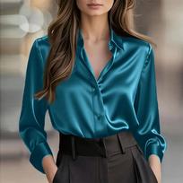 Women's V-Neck Button Down Shirt Long Sleeve Color Casual Blouse for Work Daily Wear M tamsiai mėlyna spalva