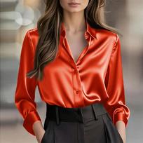 Women's V-Neck Button Down Shirt Long Sleeve Color Casual Blouse for Work Daily Wear M oranžinė