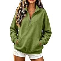 Women's Fashionable Half-Zip Long Sleeve Hoodie with Two Pockets for Casual Daily Wear XXL armijos žalia spalva
