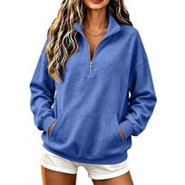 Women's Fashionable Half-Zip Long Sleeve Hoodie with Two Pockets for Casual Daily Wear XXXL šviesiai mėlyna spalva