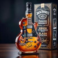 Gitaraus formos viskio grafinas, Guns N' Roses tematikos alkoholio butelis, Tennessee viskio kolekcinis baro reikmuo roko gerbėjams