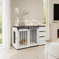 2-in-1 Dog Crate, Wood-Metal, as Side Table, for Small to Medium-Sized Dogs, 140 x 60 x 87 cm, White, Tabletop with Black Marble-Effect Foil 140 x 60 x 87 cm balta