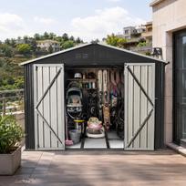 Metal Garden Shed 10x8 ft with Apex Roof in Black as Outdoor Storage. The shed is equipped with an integrated floor frame. Floor area: 7.46 m². 300 x 248.6 x 191.5 cm juoda
