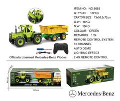 Žalias „Mercedes-Benz“ traktorius 1:24 su nuotolinio valdymo pulteliu ir geltona priekaba