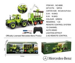 Žalias „Mercedes-Benz“ traktorius 1:24 su nuotolinio valdymo pulteliu ir medine priekaba su kranu