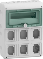 Schneider 13181 Mureva IP65 ant paviršiaus montuojami skirstomieji įrenginiai 1x12, skirti gMRV-1-12+1-NT-T/6 lizdams 6 skylės 90x100mm 13181