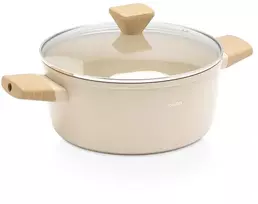 Puodas su keramine danga ir stikliniu dangčiu, smėlio spalvos, 24 cm