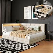 Lova 140x190 cm, 2 stalčiai, LED apšvietimas, dvigulė lova, sofa-lova, grotelių pagrindas, galvūgalis, lininis audinys, smėlio spalvos