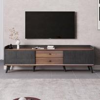 TV spintelė su 2 stalčiais, žemo profilio, juoda+natūrali mediena, H58xL160xT40cm