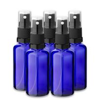 Mėlynas 50 ml stiklinis butelis su juodu purkštuvu ir permatomu dangteliu, 5 vnt. rinkinys