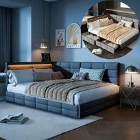Lova 140x190 cm, 2 stalčiai, LED apšvietimas, dvigulė lova, sofa-lova, grotelių pagrindas, galvūgalis, lininis audinys, pilka
