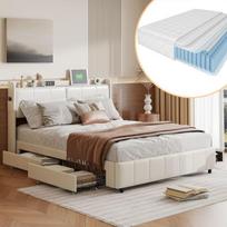 Dvigulė lova 160x200 cm, su čiužiniu, su USB jungtimi, 4 stalčiais ir daiktadėžėmis, PU, ​​balta