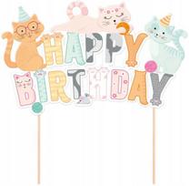 Torto papuošimas "happy Birthday" su katytėmis, 14 cm
