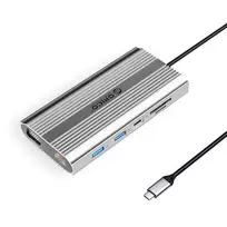 Orico XDR 12-in-1 USB-C Docking Station: USB-A, USB-C, HDMI 4K, VGA, RJ45 Gigabit, PD 100W, SD and microSD Card Reader - Silver