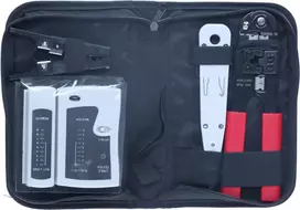 DSIT 9 dalių tinklo įrengimo ir remonto įrankių rinkinys su RJ45 presavimo replėmis, kabelių testeriu, punch down įrankiu ir užtrauktuku užsegamu dėklu (DC-TOOLSET)