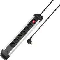 Sygonix SY-6807130 6 vietų elektros skirstytuvas su apšviestu jungikliu, juodas/sidabrinis, 1,5 m laidas