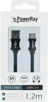 PowerRay USB-C į USB-A duomenų ir įkrovimo kabelis, 1,2 m, tekstilinis juodas PR-DCUC120TBK