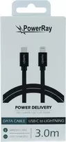 PowerRay USB-C į Lightning duomenų ir įkrovimo kabelis 3 m, juodas, tekstilinis pintas, MFi sertifikuotas PR-DCCL300TBK