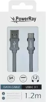 PowerRay PR-DCUC120TGY USB-A į USB-C 1,2 m tekstilinis pintas duomenų kabelis, pilkas, greitas įkrovimas ir 5Gbps duomenų sinchronizavimas