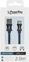 PowerRay duomenų kabelis PR-DCUC200TBK, USB-A į USB-C, 2,0 m, tekstilinis juodas, blisteris