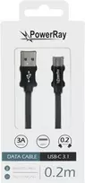 PowerRay PR-DCUC020TBK USB-A į USB-C duomenų ir įkrovimo kabelis, 0,2 m, tekstilinis juodas, blister
