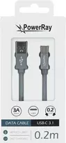 PowerRay duomenų kabelis PR-DCUC020TGY, USB-A į USB-C, 0,2 m, tekstilės pilkas, blisteris