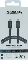 PowerRay USB-C į Lightning pintas kabelis 3 m, tekstilinis pilkas PR-DCCL300TGY