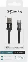 PowerRay PR-DCUL120TBK USB-A į Lightning MFi sertifikuotas pintas nailoninis duomenų ir įkrovimo kabelis, 1,2 m, juodas