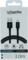 PowerRay USB į Lightning duomenų kabelis 3 m, tekstilinis, juodas PR-DCUL300TBK