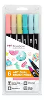 Tombow ABT-6P-4 Dual Brush Pen Set - 6 rašikliai - smulkus ir šepetėlio antgalis - įvairiaspalviai - apvalūs