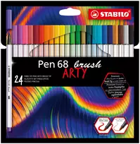 STABILO Pen 68 Brush ARTY Edition 24 vnt. kartoninėje dėžutėje – lankstūs šepetėlio antgalio flomasteriai rankiniam šriftui, bullet žurnalui ir iliustracijoms