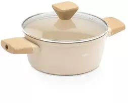 Puodas su keramine danga ir stikliniu dangčiu, smėlio spalvos, 20 cm
