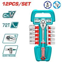 Galvučių rinkinys su terkšle TOTAL, CR-V(50BV30), 1/2", 12 vnt., THT141121