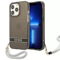 Guess GUHCP13LHTSGSK permatomas kietas dėklas su rankiniu dirželiu, skirtas Apple iPhone 13 Pro / iPhone 13, juodas