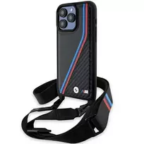 BMW M Edition Carbon Tricolor Lines Hard Case su dirželiu, skirtas Apple iPhone 15 Pro Max 6,7 inch juodas