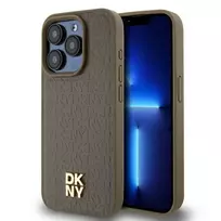 DKNY DKHMP14LPSHRPSW Kietas dėklas, skirtas Apple iPhone 14 Pro 6,1 inch rudos odos raštu su metaliniu logotipu ir MagSafe