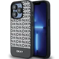 DKNY DKHMP15LPSOSPK Kietas Dėklas Apple iPhone 15 Pro 6,1 inch Odinis Raštuotas Metalinis Logotipas MagSafe Juodas