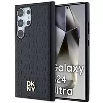 DKNY DKHMS24LPSHRPSK Kietasis dėklas Samsung Galaxy S24 Ultra, juodos odos raštas su metaliniu logotipu, suderinamas su MagSafe