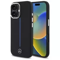 Mercedes-Benz MEHMP16S23SUMBK iPhone 16 6,1 inch juodas silikoninis kietas dėklas su mėlyna juostele ir MagSafe