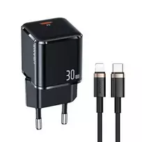 USAMS T45 30W PD3.0 USB-C Greitas Įkroviklis su U63 USB-C į Lightning Laidu, Juodas, UXTZH01