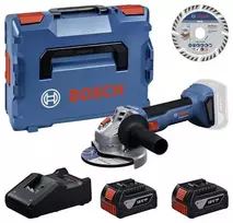 Bosch Professional GWS 18V-11 S belaidis kampinis šlifuoklis su 2x 4.0Ah baterijomis, įkrovikliu ir L-BOXX dėklu