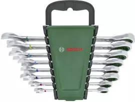 Bosch 8 dalių kombinacinis reketinis veržliarakčių rinkinys su 72 dantų reversiniu reketu, chromvanadžio, metrinis 8–19 mm, žalias/juodas dėklas