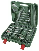 BOSCH POWERTOOLS 134 dalių DIY įrankių rinkinys žaliame dėkle su rankiniais įrankiais, antgaliais, tvirtinimo detalėmis ir priedais