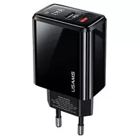 USAMS 20W dviejų prievadų USB-C PD3.0 + USB-A QC3.0 sieninis įkroviklis (EU kištukas, juodas)