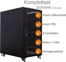 IT-BUDGET 19 inch serverio spintos SRK pilnas komplektas, 27U, 600x1000 mm, stiklo/plieno durelės, 4 ventiliatoriai, PDU, lentynos, surinkta, juoda 99ITB19SRK27610GSM