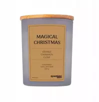 „Donau Home“ sojų žvakė DONAU HOME, pilkame stikle, mediniu dangteliu ir dagčiu, „Magia Świąt“, 200 g