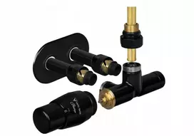 Vario Term Termostatinis rinkinys UNICO ALL IN ONE kampinis, kairysis, juodas matinis, ovalus rozetas, PRESTIGE galvutė, PEX jungtys