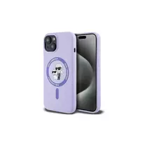 Karl Lagerfeld KLHMP15SSCMKCRHU iPhone 15 6,1 colio violetinis silikoninis kietas dėklas su Karl & Choupette galvučių žiedu ir MagSafe
