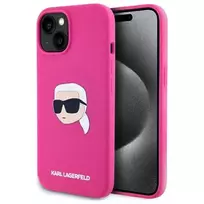 Karl Lagerfeld KLHMP15SSKHPPLF iPhone 15 6,1 colio fuksijos silikoninis kietas dėklas su Karl galvos atspaudu ir MagSafe