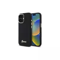 Guess GUHCP16SSMBSLK iPhone 16 6,1 colio juodas silikoninis dėklas su metaliniu logotipu ir rėmeliu